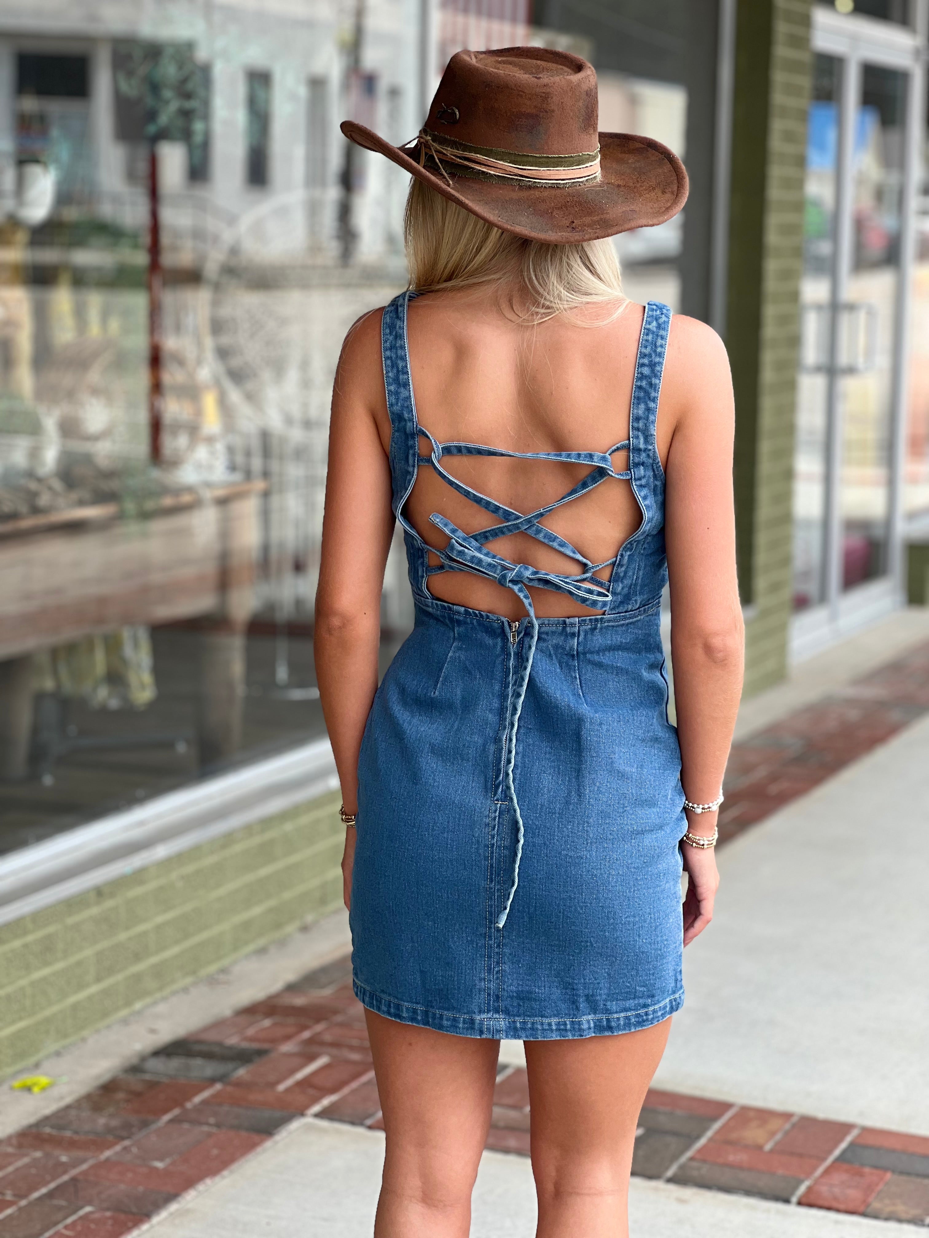 denim dress straps Stampede Buckle Dress-Denim